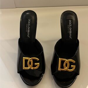Dolce & Gabbana Glossy Black Mules with Gold Logo